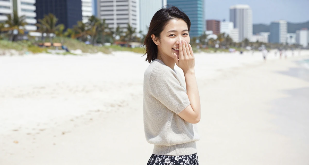 A thoughtful Female From Japan, majored in psychology in their 23, saving aggressively for a dream travel trip, wearing a short sleeve cashmere sweater and a skirt, covering a laugh with one hand in a tropical white sand beach.