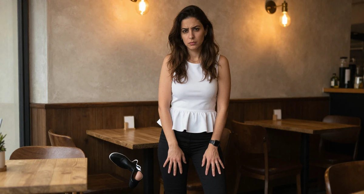 A seriously concentrated Female From Syria, studied business IT in their 49, celebrating a life of resilience and grit, wearing a white peplum top and skinny black trousers, dangling a shoe from one foot in a coffee shop corner.