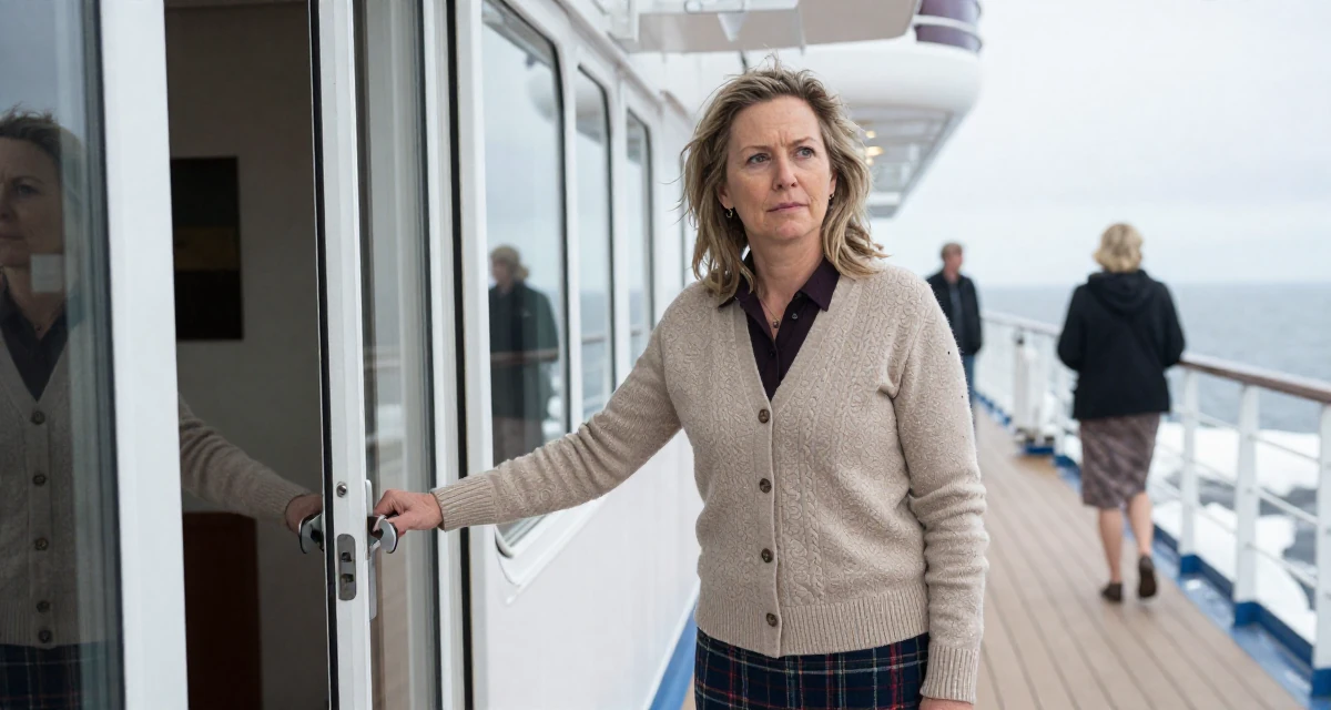 A gently serious Female From Melbourne Australia, studied creative directing for social content in their 40, navigating the balance of career and aging parents, wearing a classic librarian style cardigan and a plaid skirt, opening a door in a cruise ship deck.