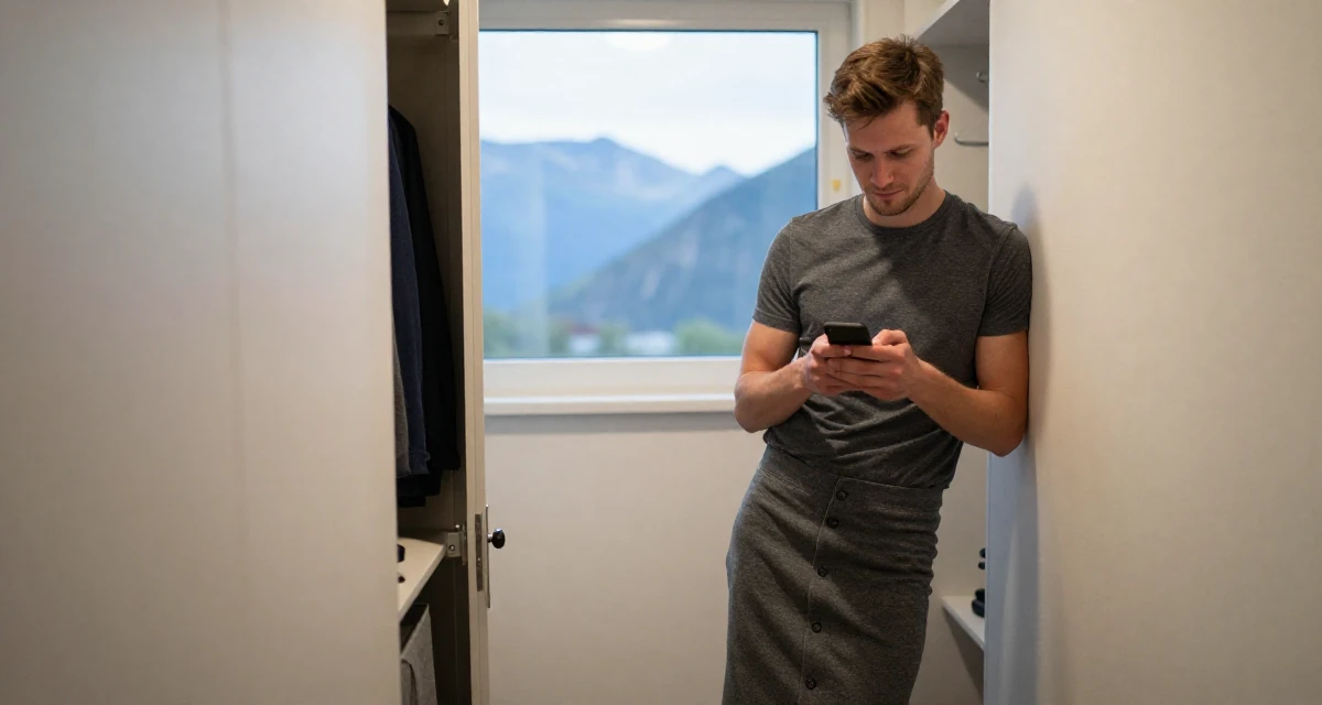 A emotional male From Norway, studied renewable energy engineering in their 24, figuring out how to manage trolls and harassment, wearing a fitted midi skirt with buttons down the front, texting with both thumbs in a walk-in wardrobe.