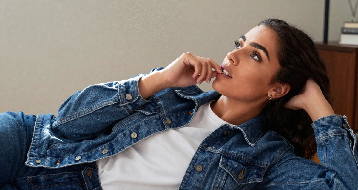 A observant Female From Morocco, based in Casablanca, graduated from a cultural college majoring in expressive movement studies in their 25, understanding which content gains real engagement, wearing a classic denim jacket and white tee, biting a lip thoughtfully in a home interior.