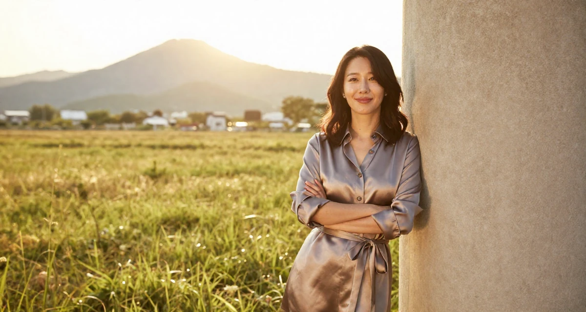 A satisfied Female From Seoul South Korea, studied K-style beauty and content editing in their 34, redefining what success means personally, wearing a silk shirt dress with a tie waist, crossing arms confidently in a grassy field.
