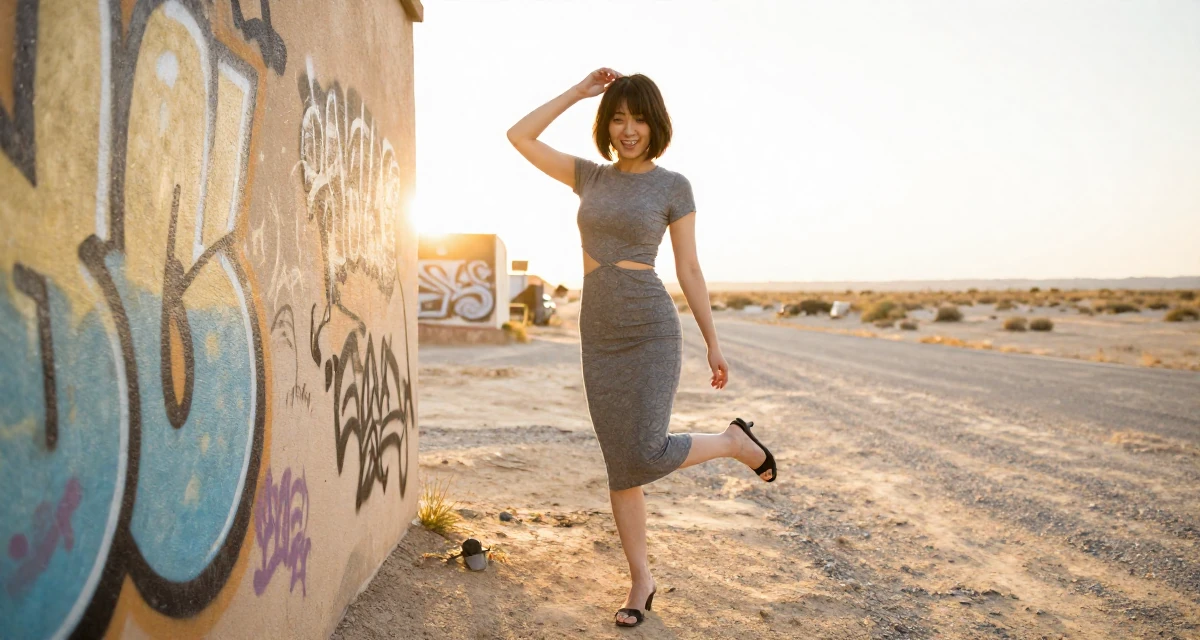 A playful Female From Japan, majored in mechanical engineering in their 25, learning responsibility through small failures, wearing a fitted midi dress with a cutout at the waist, scratching a head lightly in a graffiti art wall.