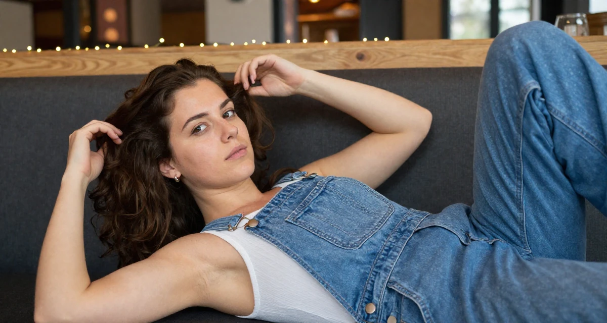 A expectant Female From Poland, based in Gdańsk, graduated from a communication college majoring in expressive personal branding in their 23, becoming skilled at angles that highlight confidence, wearing a relaxed dungarees or overalls, fixing a loose strand of hair in a restaurant booth.