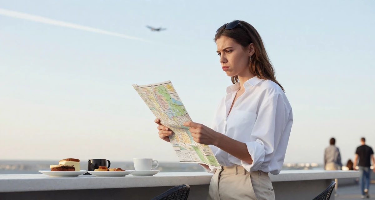 A pouting Female Born in Russia, graduated from a local college majoring in marketing in their 22, dealing with inconsistent motivation, wearing a oversized white shirt with sleeves rolled up and slim trousers, looking at a map in a breakfast nook.