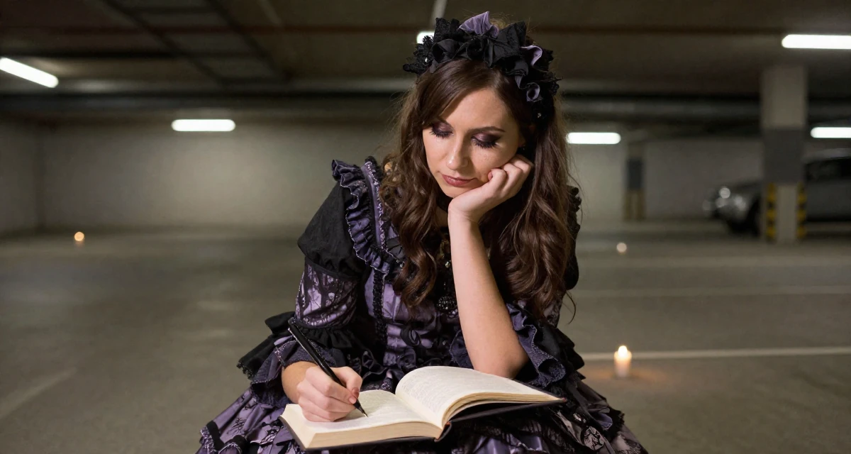 A lighthearted Female From Canada, trained in advertising and branding in their 36, documenting the process of writing a book, wearing a elaborate gothic lolita dress with frills and lace, biting the lower lip softly in a underground parking garage.