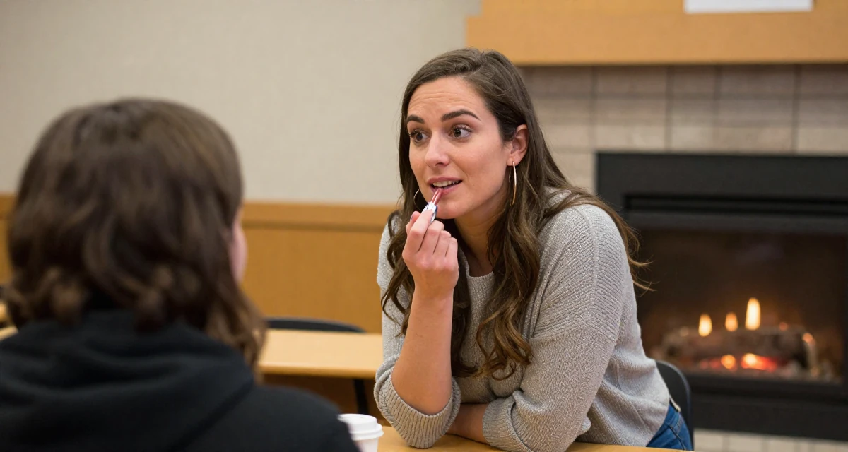 A witty Female From Canada, studied hospitality management in their 34, advocating for eco-friendly parenting, wearing a modern casual lifestyle wear, applying lipstick in a lecture hall.