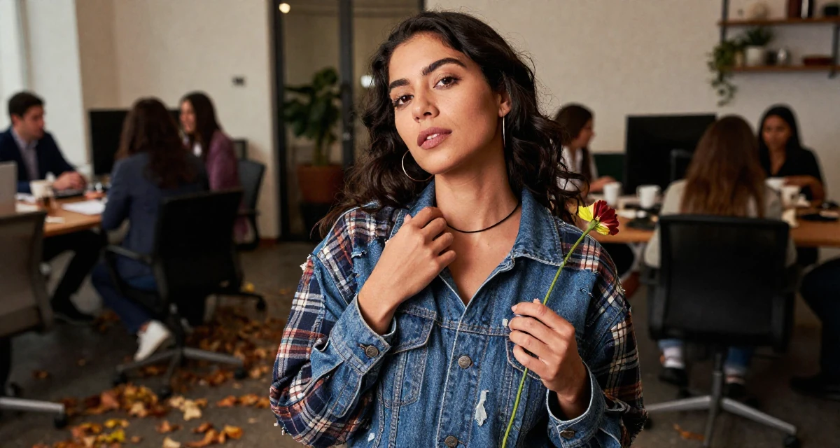 A relaxed Female From Mexico City Mexico, studied graphic communication in their 23, discovering the thrill of tasteful seduction, wearing a rugged flannel shirt and denim, holding a flower in a busy coworking space.