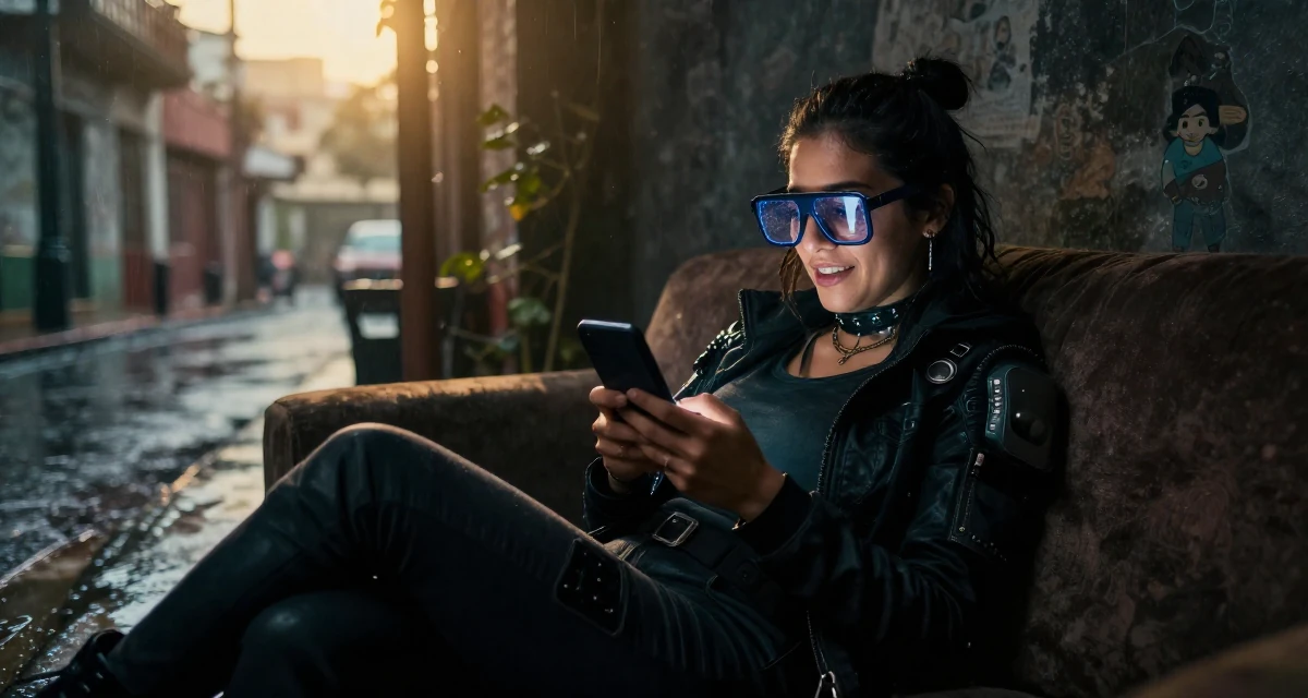 A open and honest Female From Mexico, studied graphic design and illustration in their 37, embracing the chaos of family life with humor, wearing a cyberpunk hacker outfit with oversized tech glasses, reading a text message in a rainy street corner.