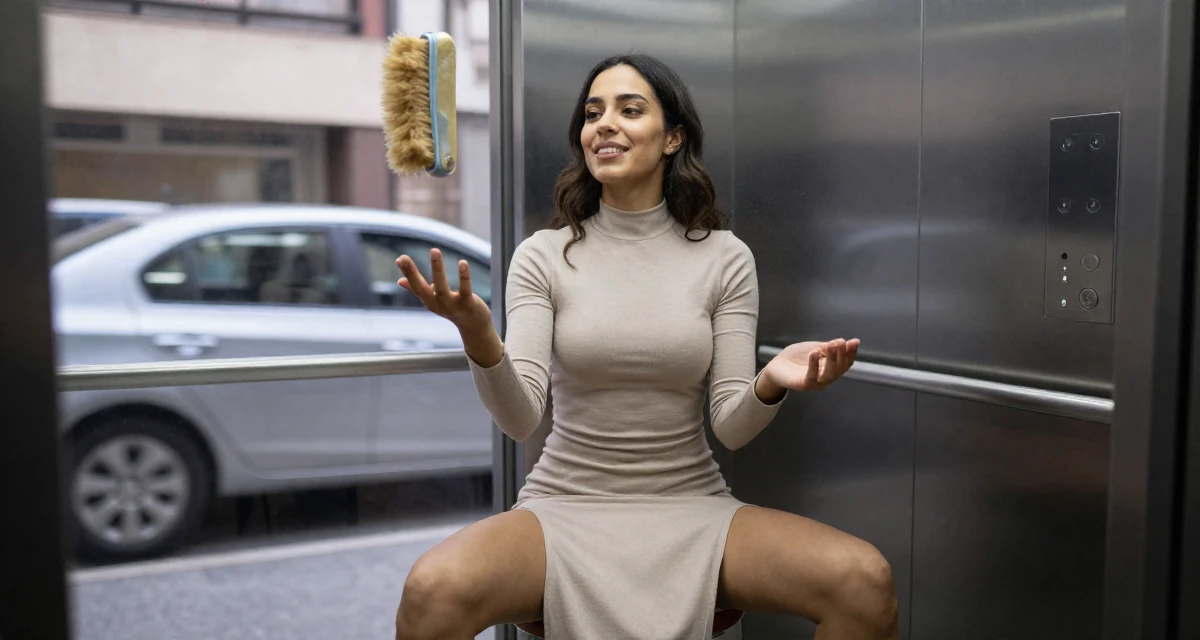 A optimistic Female From Alexandria Egypt, practiced creative self-portraiture in their 26, juggling real-life chaos with online expectations, wearing a long-sleeve bodycon midi dress in neutral tones, brushing off dust in a elevator hall.