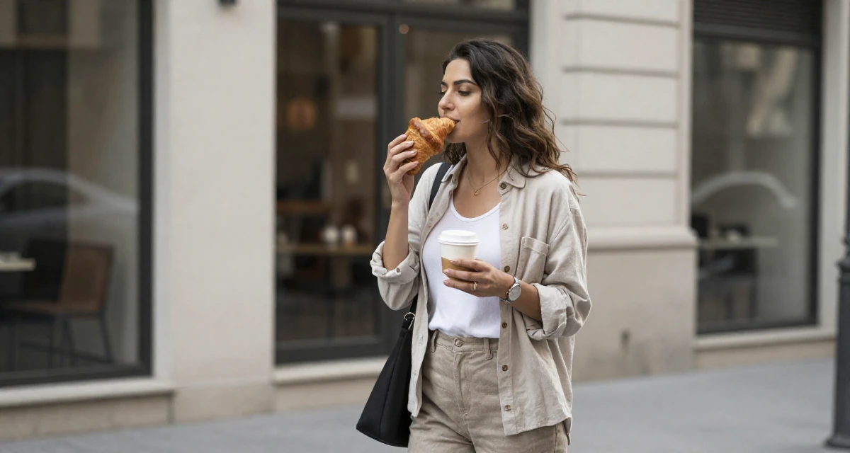 A zen-like Female From Afghanistan, majored in agricultural science in their 25, experimenting with color palettes that feel sensual, wearing a comfortable urban casual outfit, eating a croissant in a urban street.