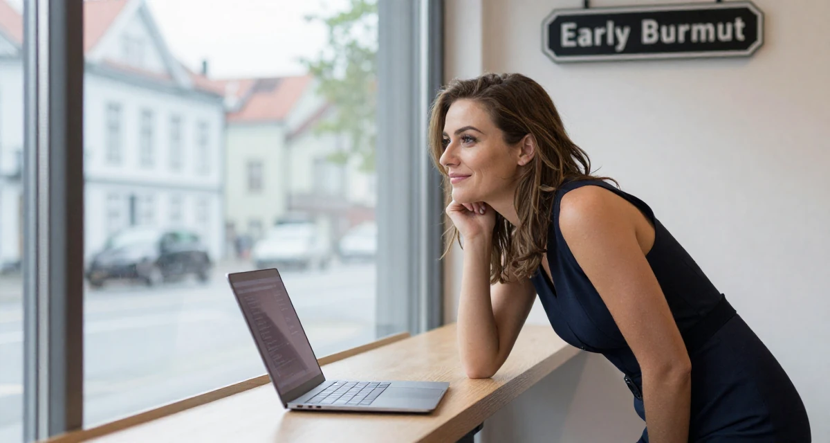 A amused Female From Bergen Norway, focused on natural-light photography in outdoor settings in their 23, realizing early burnout is real but pushing anyway, wearing a elegant evening casual wear, looking at a street sign in a bakery counter.