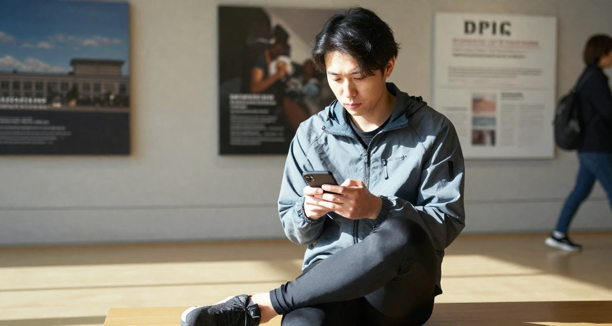 A reflective male From Japan, based in Osaka, graduated from a local college majoring in marketing in their 25, balancing sexiness with professionalism, wearing a sporty windbreaker and leggings, checking a phone in a museum exhibit.
