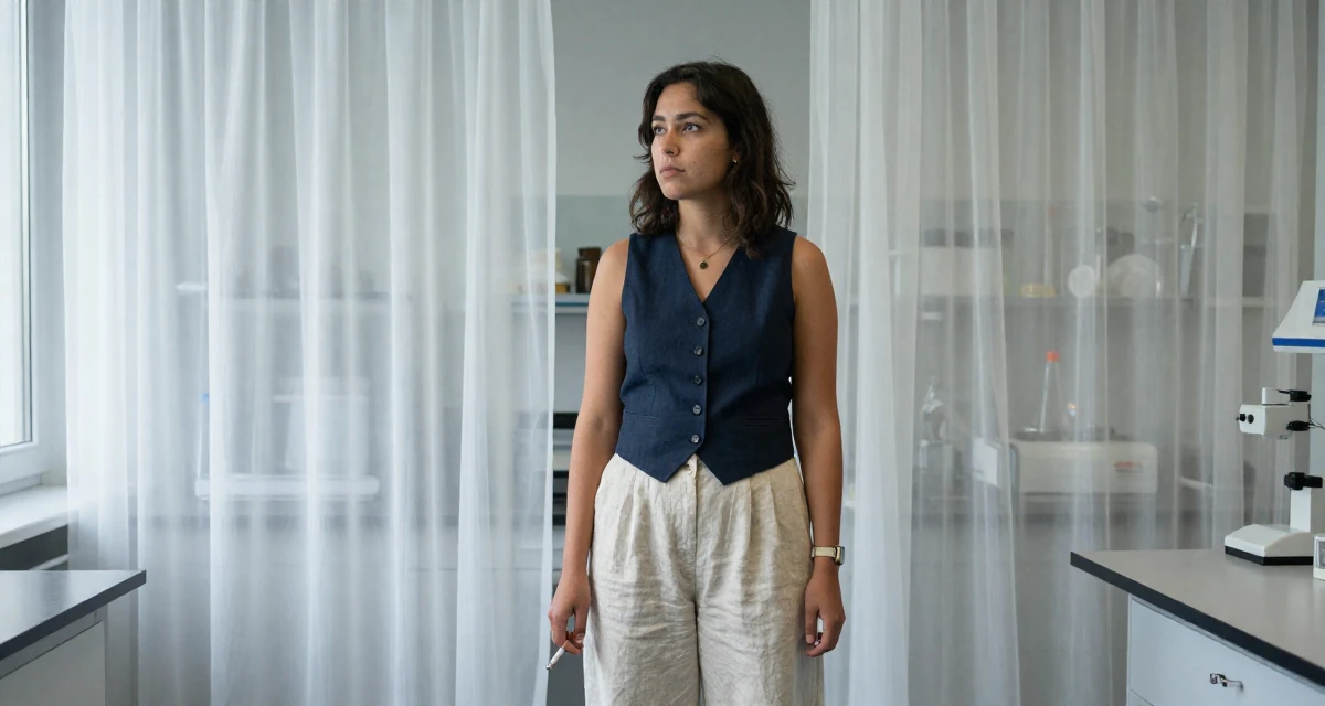 A thoughtful Female From Bergen Norway, focused on natural-light photography in outdoor settings in their 24, handling the transition from student to adult identity, wearing a sleeveless vest top and wide-leg linen pants, holding a cigarette (lit or unlit) in a science lab.