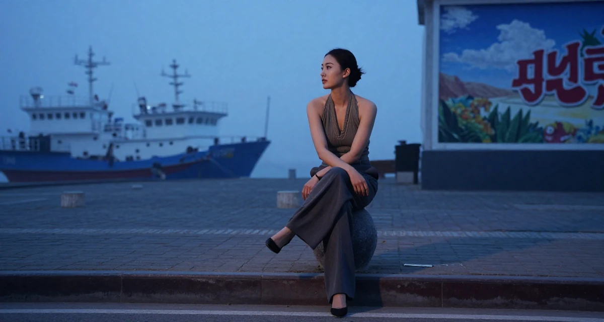 A nostalgic Female From Mongolia, majored in history and culture in their 25, balancing social life with evolving ambitions, wearing a halter neck top and wide-leg office trousers, stepping onto a curb in a foggy harbor.