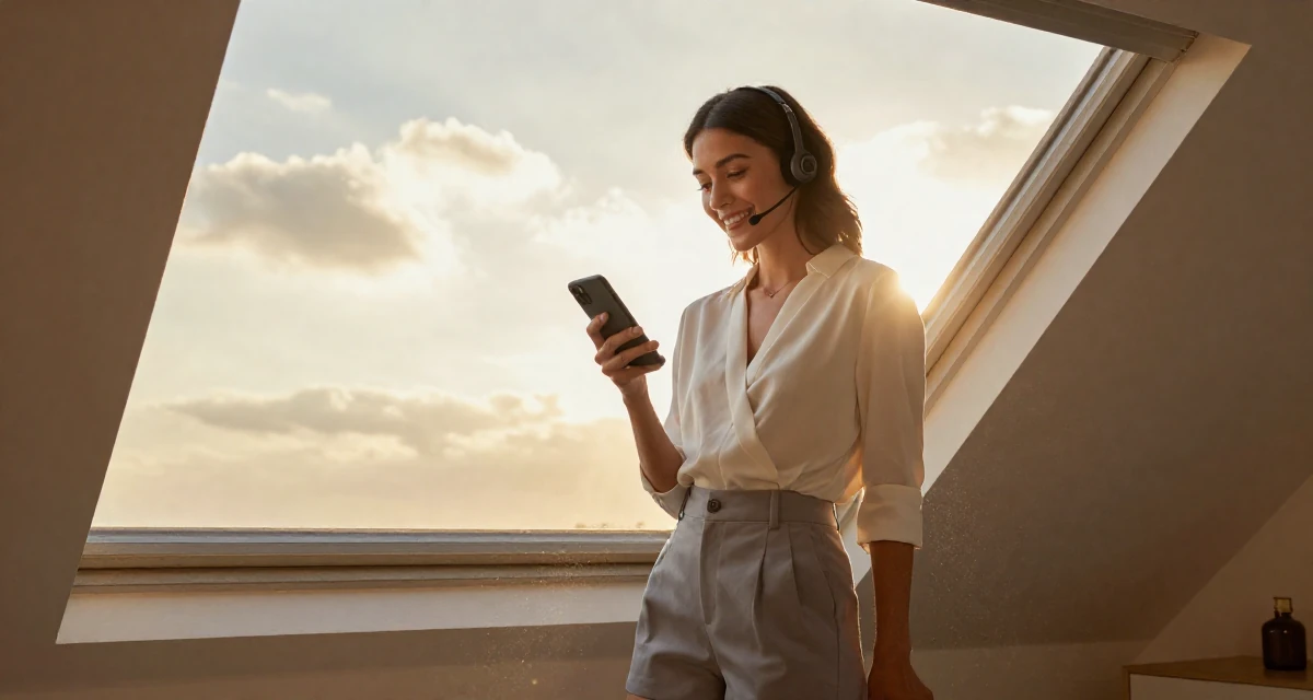 A lighthearted Female Former call-center worker, now crafting confidence-centric creator content in their 28, mastering the art of work-life boundaries, wearing a wrap-front blouse and tailored shorts, checking a phone in a attic room.