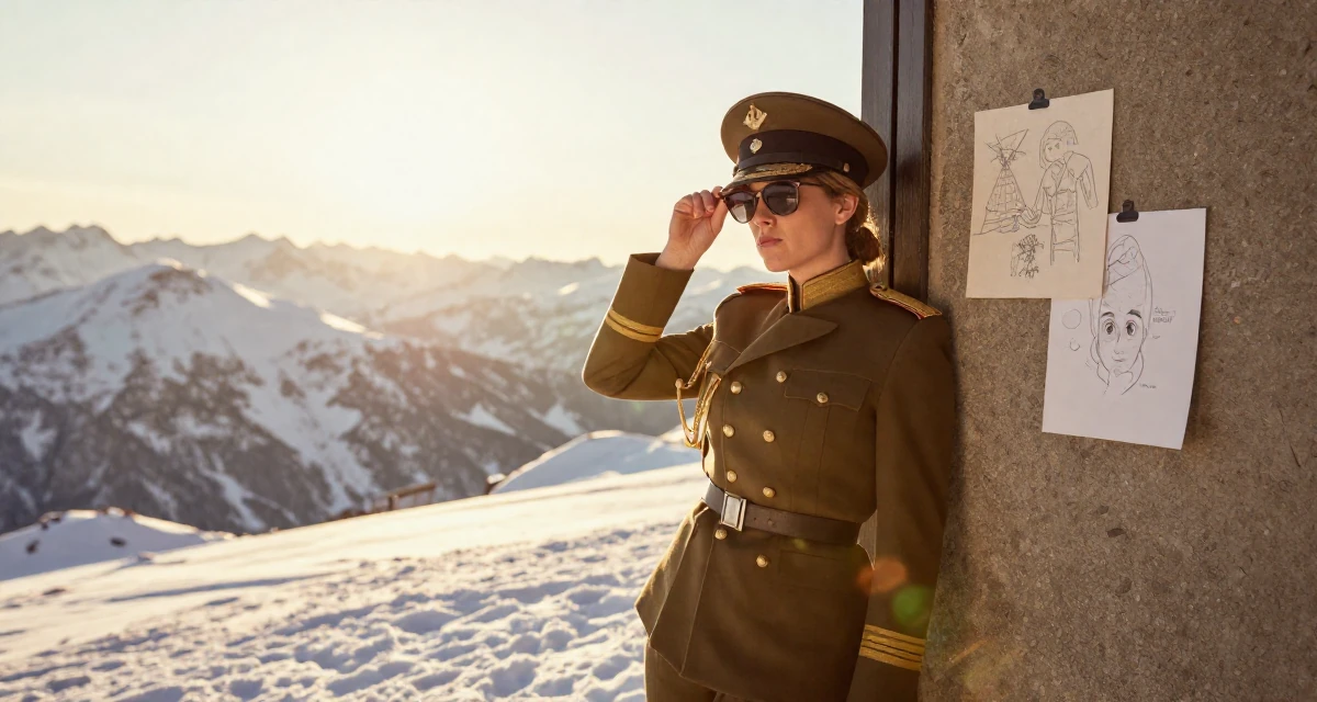 A pouting Female Former pharmacist in training, now teaching wellness routines online in their 24, figuring out how to manage trolls and harassment, wearing a imperial officer uniform with a peaked cap, putting on sunglasses in a snowy mountain peak.