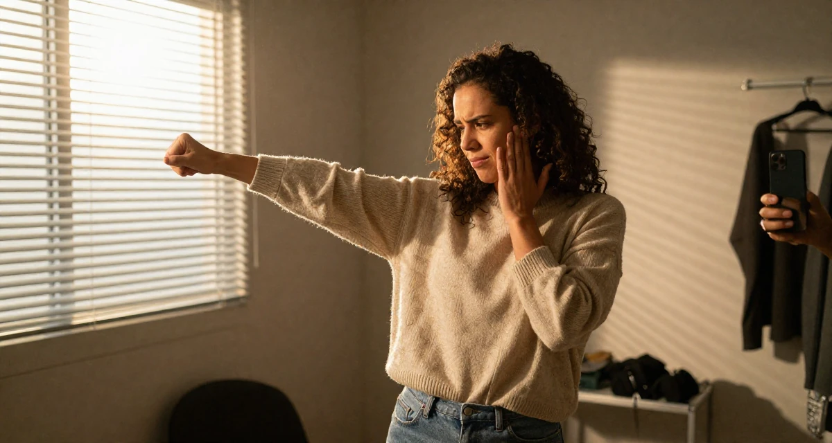 A gently amused Female From Brazil, trained in physical therapy in their 25, dealing with anxiety about first paying subscribers, wearing a oversized beige sweater and jeans, snapping a photo with a phone in a backstage dressing room.