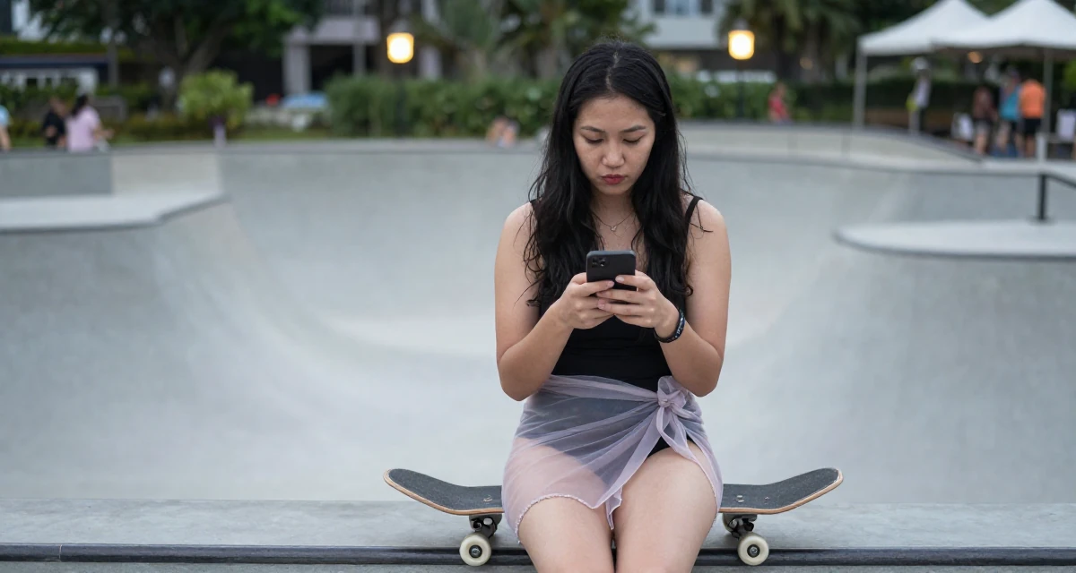 A unbothered Female From Singapore, studied business analytics in their 25, discovering the mental toll of constant visibility, wearing a sheer sarong skirt over a swimsuit, texting with both thumbs in a skate park.