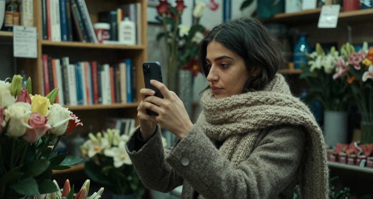 A contemplative Female From Turkey, based in Antalya, graduated from a film school majoring in mood-driven visual expression in their 25, adjusting to newfound independence, wearing a heavy knit scarf and coat, snapping a photo with a phone in a flower shop.