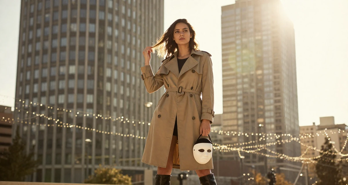 A stoic Female From Barcelona Spain, majored in audiovisual production in their 20, unsure of their major but faking confidence, wearing a timeless trench and boots, holding a mask (cosplay/prop) in a high-rise office building.