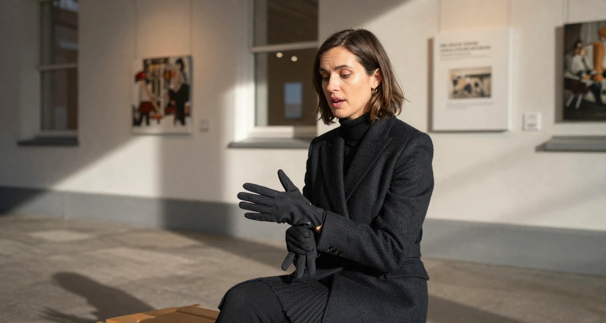 A expectant Female From the Netherlands, studied user experience design in their 47, art collector sharing gallery experiences, wearing a dark academia inspired outfit, putting on a glove in a university campus.