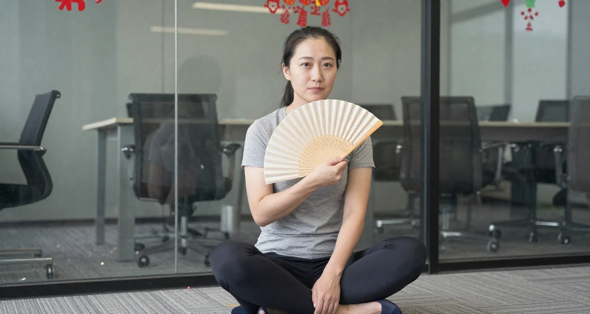 A solemn but kind Female Former nurse in her late 20s, now building a wellness-focused creator brand in their 26, cutting off toxic relationships and habits, wearing a comfortable travel outfit, fanning self with a hand in a glass-walled conference room.