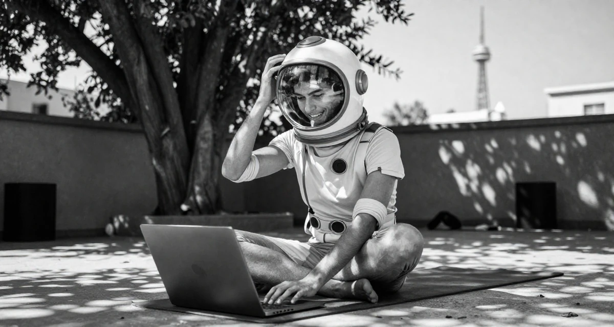 A softly smiling male From Israel, based in Tel Aviv, graduated from an arts program majoring in sensual character creation in their 23, feeling pressure to figure life out quickly, wearing a retro sci-fi space girl outfit with a bubble helmet, typing on a laptop in a yoga studio.