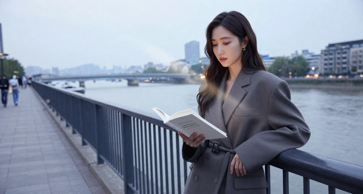 A calm and confident Female Based in South Korea, studied fashion merchandising in their 25, making peace with early awkward content, wearing a oversized blazer worn as a dress with a belt, opening a book in a bridge walkway.