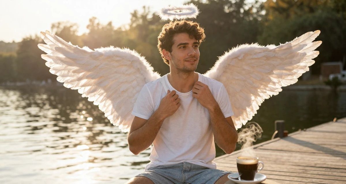 A positive male From Greece, studied philology in their 21, planning a gap year to escape reality, wearing a angel costume with large feathered wings and a halo, adjusting a shoulder strap in a lakeside dock.