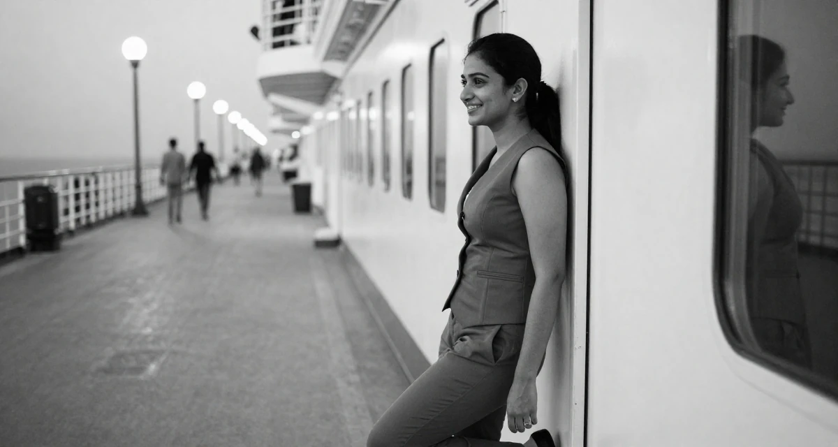 A cheerful Female From Mumbai India, studied film production in their 22, learning workplace expectations and boundaries, wearing a fitted vest top worn without a shirt underneath and slacks, stepping onto a curb in a cruise ship deck.