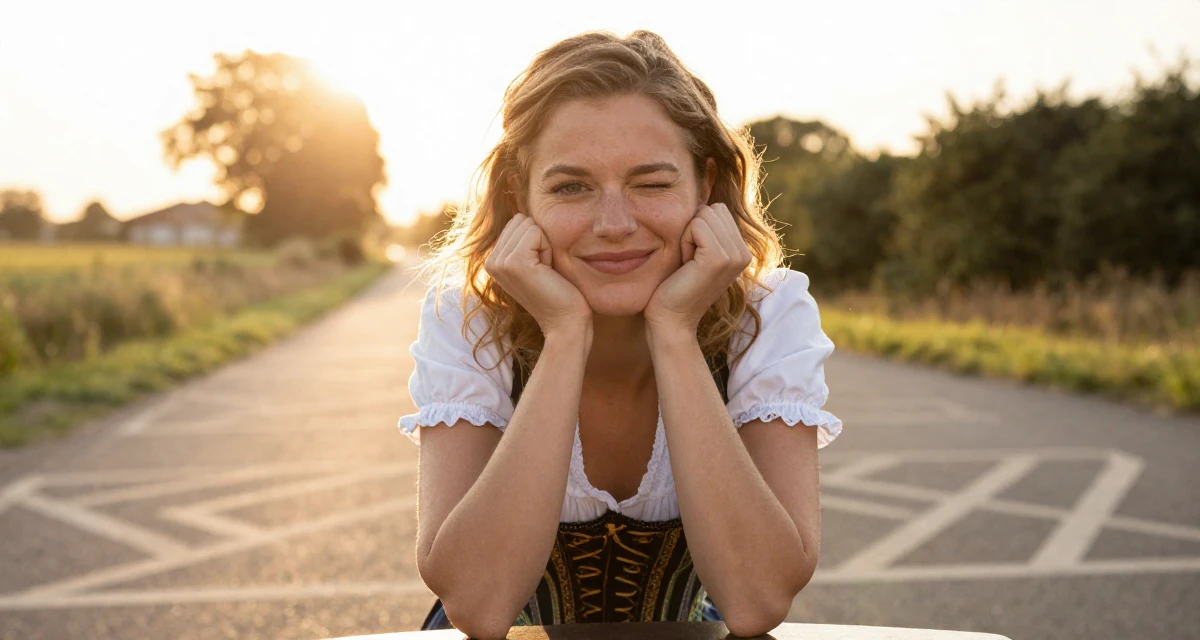 A warm Female From Netherlands, studied digital media and interaction design in their 35, at the peak of creative energy and output, wearing a peasant girl corset dress with a white blouse, winking playfully in a country road.