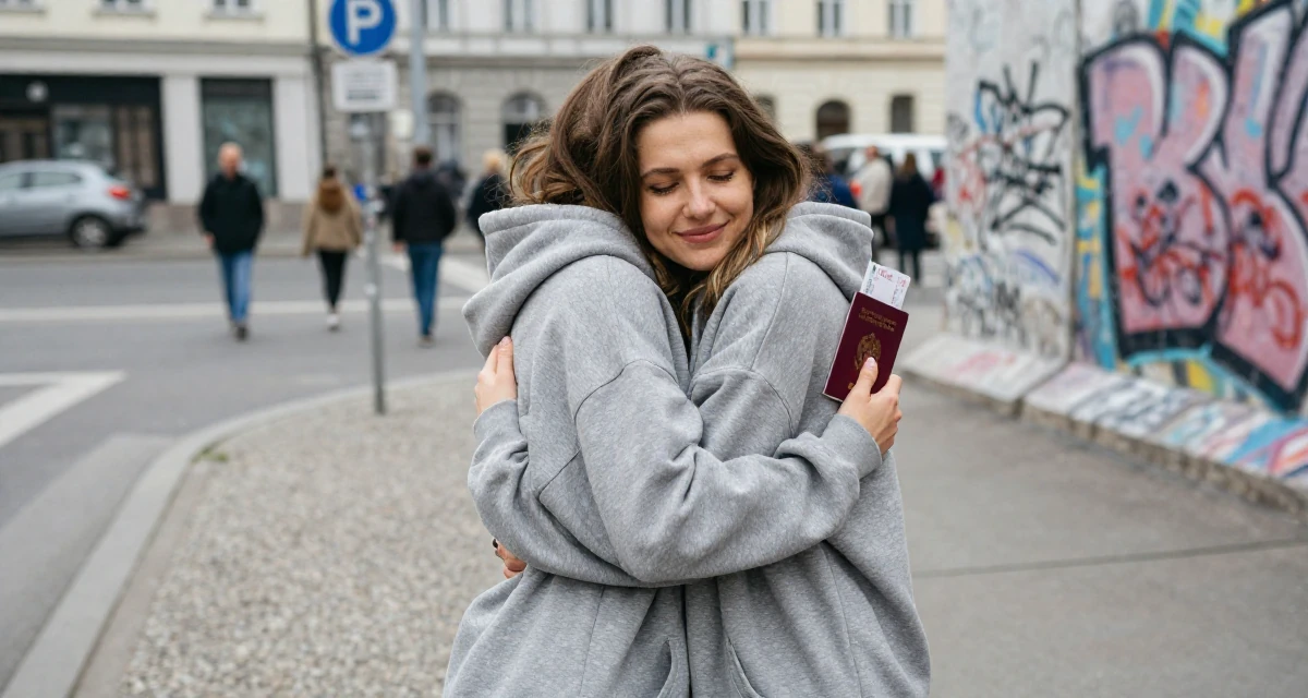 A warm Female From Czech Republic, studied photography and cinematography in their 25, planning next steps in personal development, wearing a trendy oversized hoodie, holding a passport or ticket in a busy intersection.