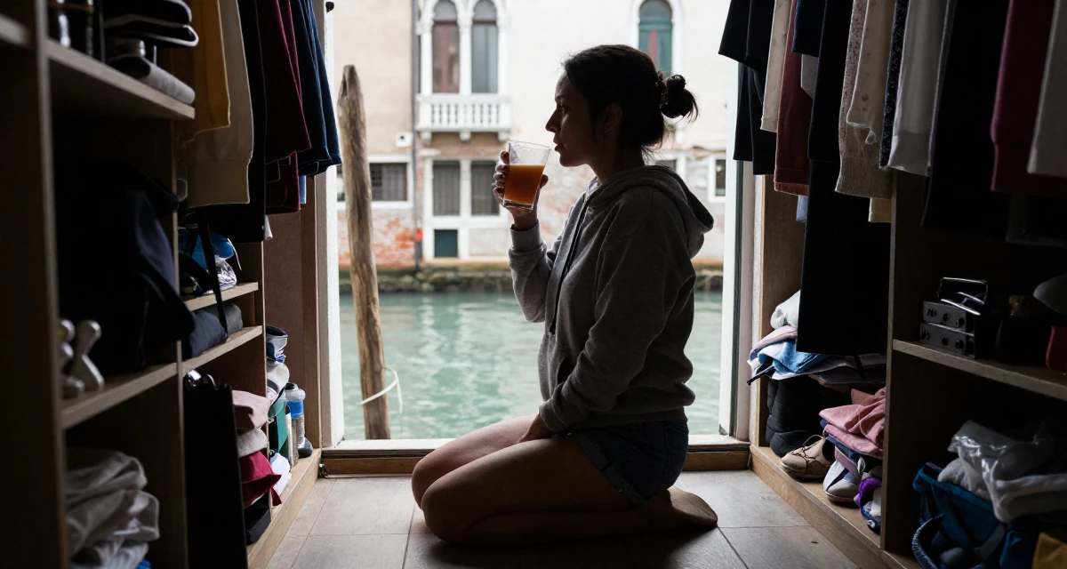 A sensual Female From Manila Philippines, learned stage presence from bar performance work in their 48, finding purpose beyond motherhood, wearing a casual hoodie and denim shorts, sipping a warm drink in a walk-in closet.