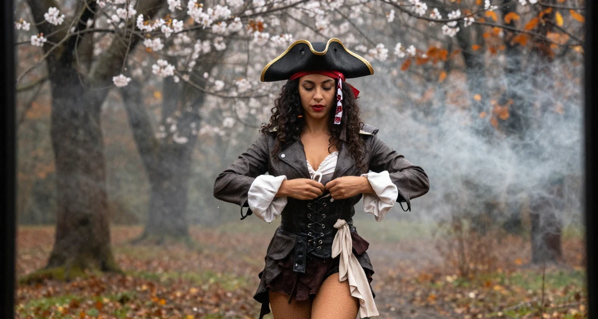 A radiant Female From São Paulo Brazil, practiced samba dance and sensual movement in their 31, re-evaluating long-term career goals, wearing a pirate captain outfit with a corset and tricorn hat, buttoning up a jacket in a autumn forest.