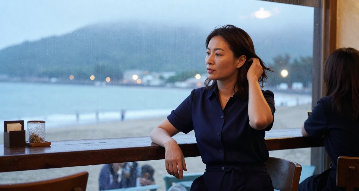 A placid Female From Taiwan, based in Taichung, graduated from an arts academy majoring in visual storytelling in their 41, confident mother of teenagers sharing advice, wearing a classic navy blue ensemble, fixing a loose strand of hair in a beach bar.