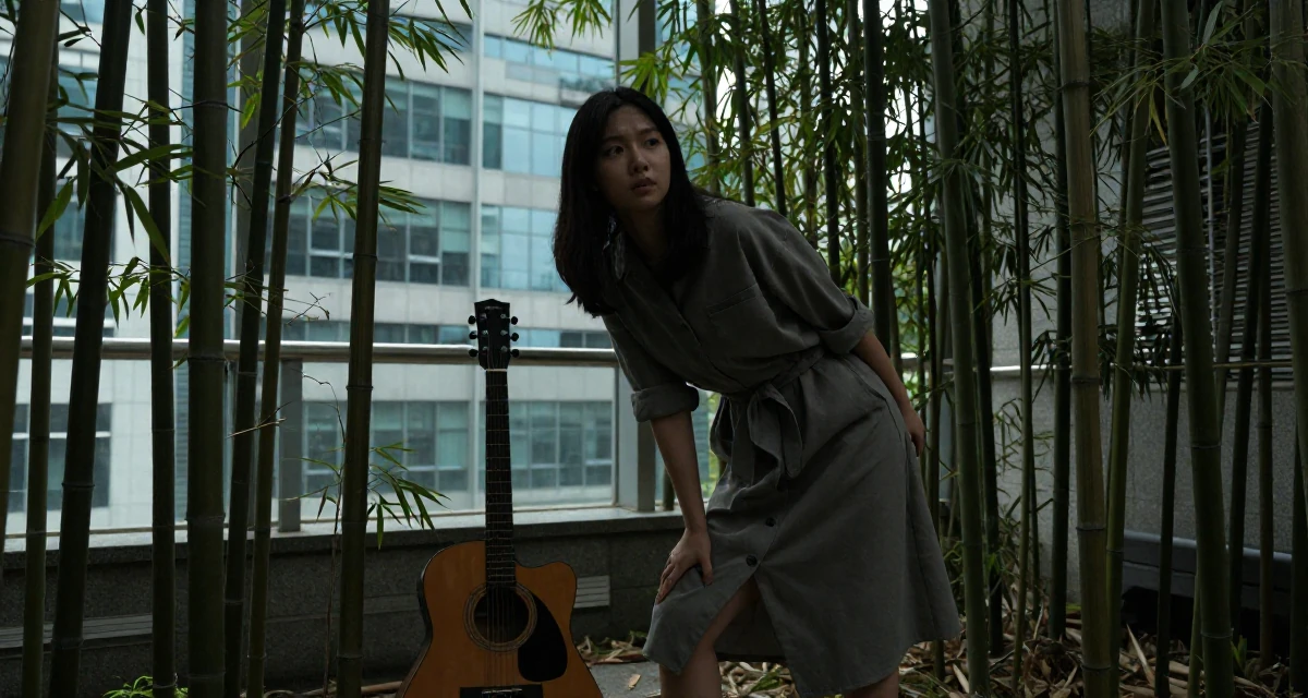 A expectant Female Based in South Korea, studied fashion merchandising in their 22, navigating competitive academic environments, wearing a belted shirt dress with rolled sleeves, shifting weight impatiently in a high-rise office building.