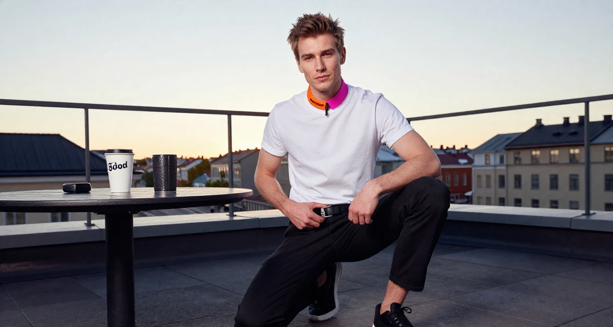 A fragile male From Finland, based in Tampere, graduated from a tech university majoring in human-centered design in their 22, developing a bold persona that feels authentically “me”, wearing a pop of color accessory look, adjusting a belt in a rooftop terrace at sunset.