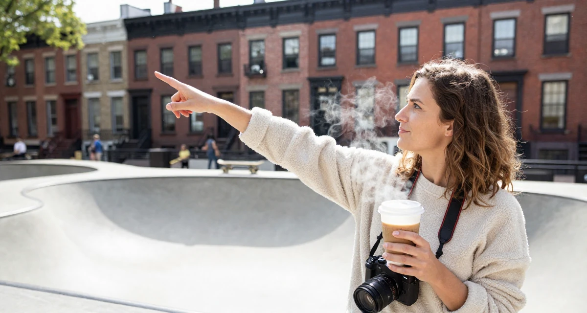 A lighthearted Female From USA, studied anthropology and folklore in their 31, starting fitness journey, wearing a cozy fleece pullover, holding a camera ready to shoot in a skate park.