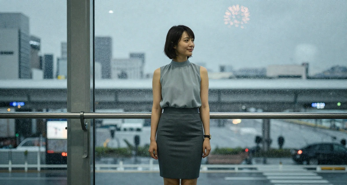 A smiling gently Female From Japan, majored in sociology in Tokyo in their 26, searching for a partner with shared values, wearing a mock neck sleeveless top and a pencil skirt, holding a railing in a airport terminal.