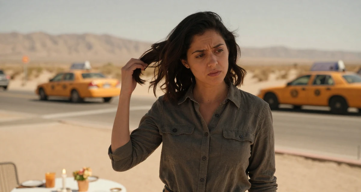 A nostalgic Female From USA, studied psychology and human behavior in their 25, worrying about being judged by classmates, wearing a refined casual Friday look, twirling a lock of hair in a desert landscape.