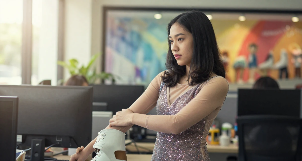 A magnetic Female From Bandung Indonesia, studied journalism in their 21, realizing childhood friends are drifting away, wearing a ice skater sparkly dress with sheer sleeves, adjusting sleeves in a office workspace.