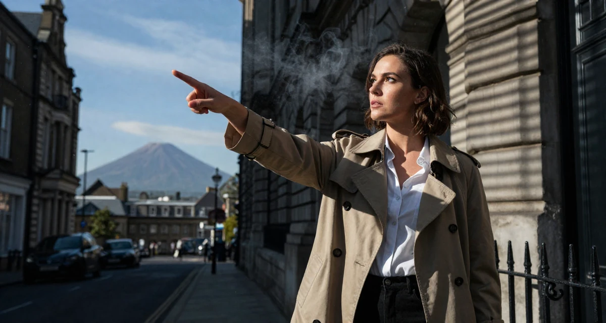 A captivating Female Raised in the UK, studied marketing strategy in their 28, facing that growth sometimes plateaus for months, wearing a stylish trench coat over basics, gazing at the sky in a historic downtown.