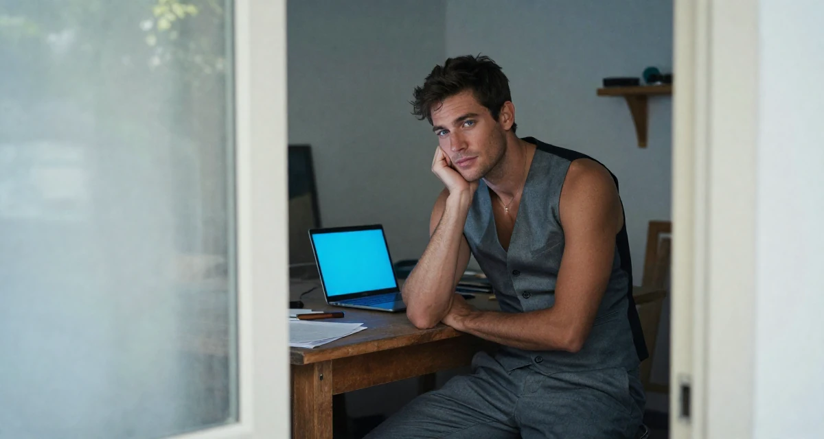 A quietly confident male From Zurich Switzerland, learned luxury lifestyle imaging in their 25, building a loyal fanbase with tasteful flirty storytelling, wearing a grey vest and matching trousers outfit, leaning head on a hand in a artist workshop.