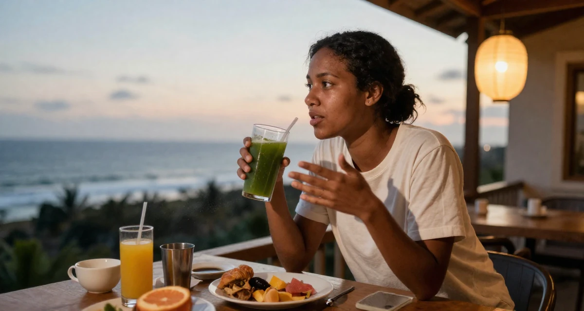 A guarded Female From Uganda, majored in telecommunication engineering in their 24, wearing activewear and holding a green juice, wearing a soft organic cotton clothing, gesturing while talking in a breakfast nook.