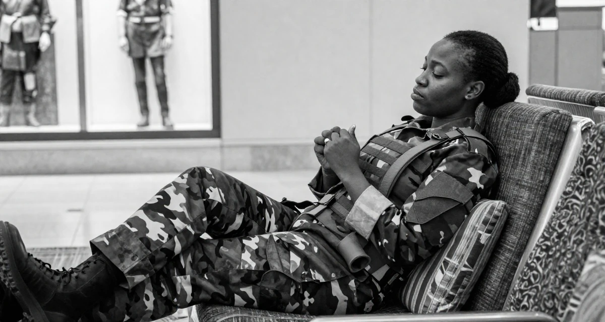 A tranquil Female From Ghana, majored in banking and finance in their 35, passionate about classical music and art, wearing a commando outfit with camouflage paint and tactical harness, cracking knuckles in a airport terminal.