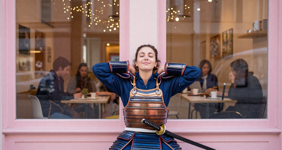 A sweet Female From Thessaloniki Greece, practiced warm-tone aesthetic storytelling in their 36, sharing the ups and downs of entrepreneurship, wearing a samurai armor set with a katana at the waist, stretching the neck in a busy coworking space.