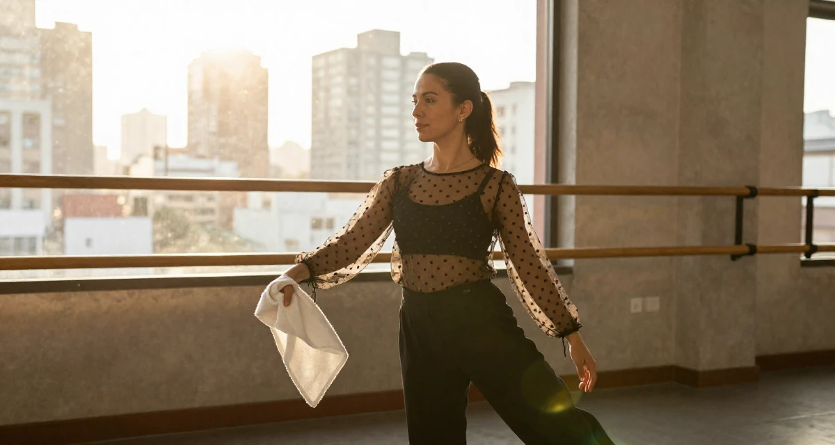 A observant Female From Mexico, based in Monterrey, graduated from a private university majoring in communication studies in their 39, preparing for a new chapter in a new city, wearing a sheer polka dot blouse and black trousers, holding a gym towel in a ballet studio.