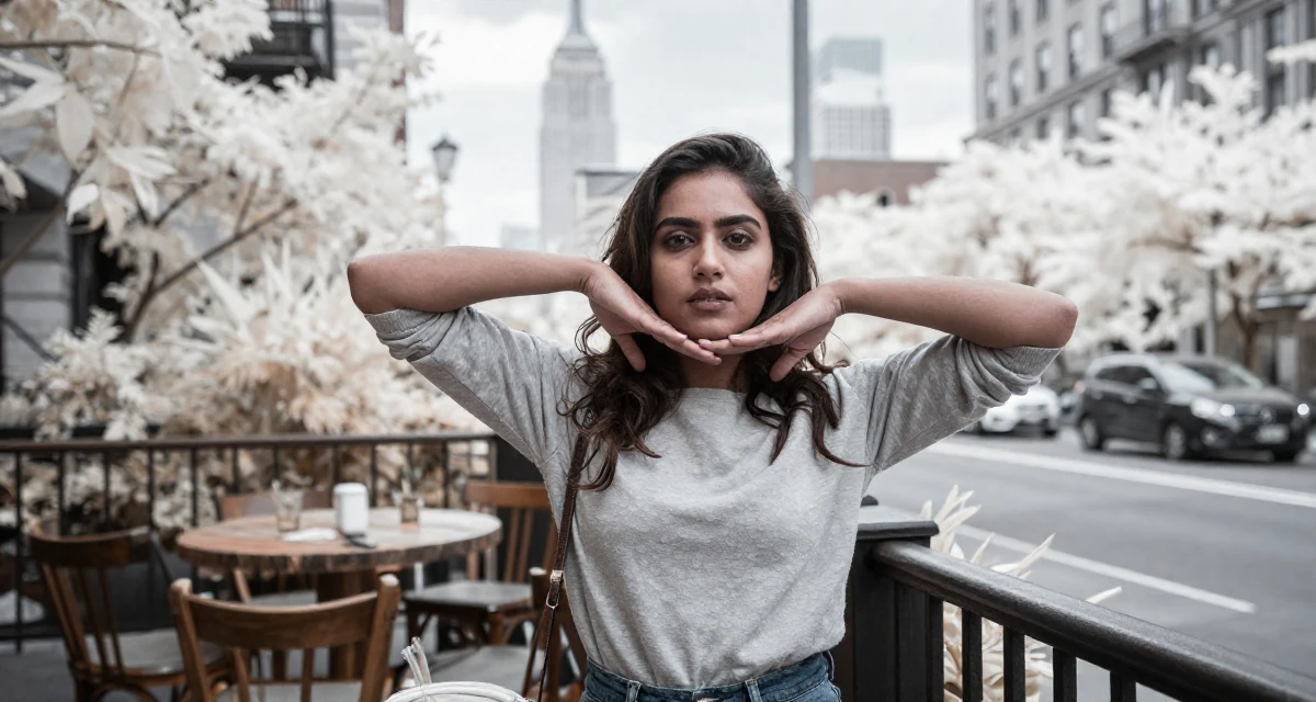 A commanding Female From India, majored in fashion technology in their 26, feeling the shift from junior to mid-level expectations, wearing a comfortable urban casual outfit, stretching arms after waking in a urban street.