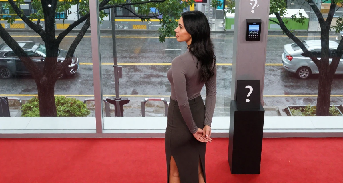 A bewitching Female Former sales rep, now leveraging charisma for digital storytelling in their 25, identifying strengths and weaknesses, wearing a tight long-sleeve bodysuit and a slit midi skirt, looking out the window in a red carpet event.